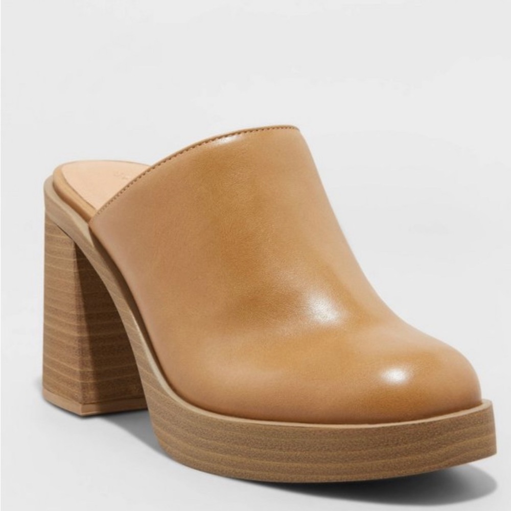 Brown light color leather slip on clog heels size 9